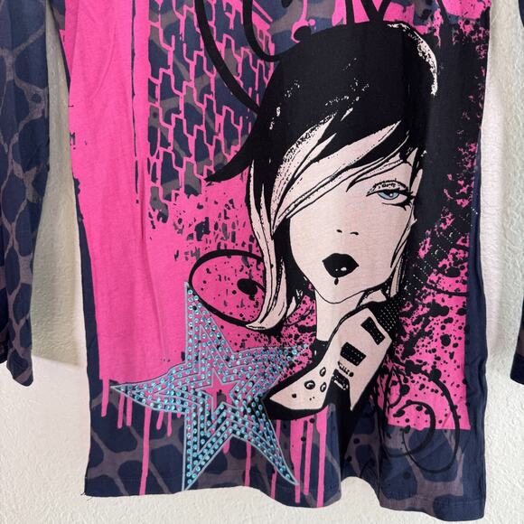 Christian Audigier Crystal Rock Y2K Shirt Women Large Rocker Girl Tee Tunic Top - Picture 7 of 13